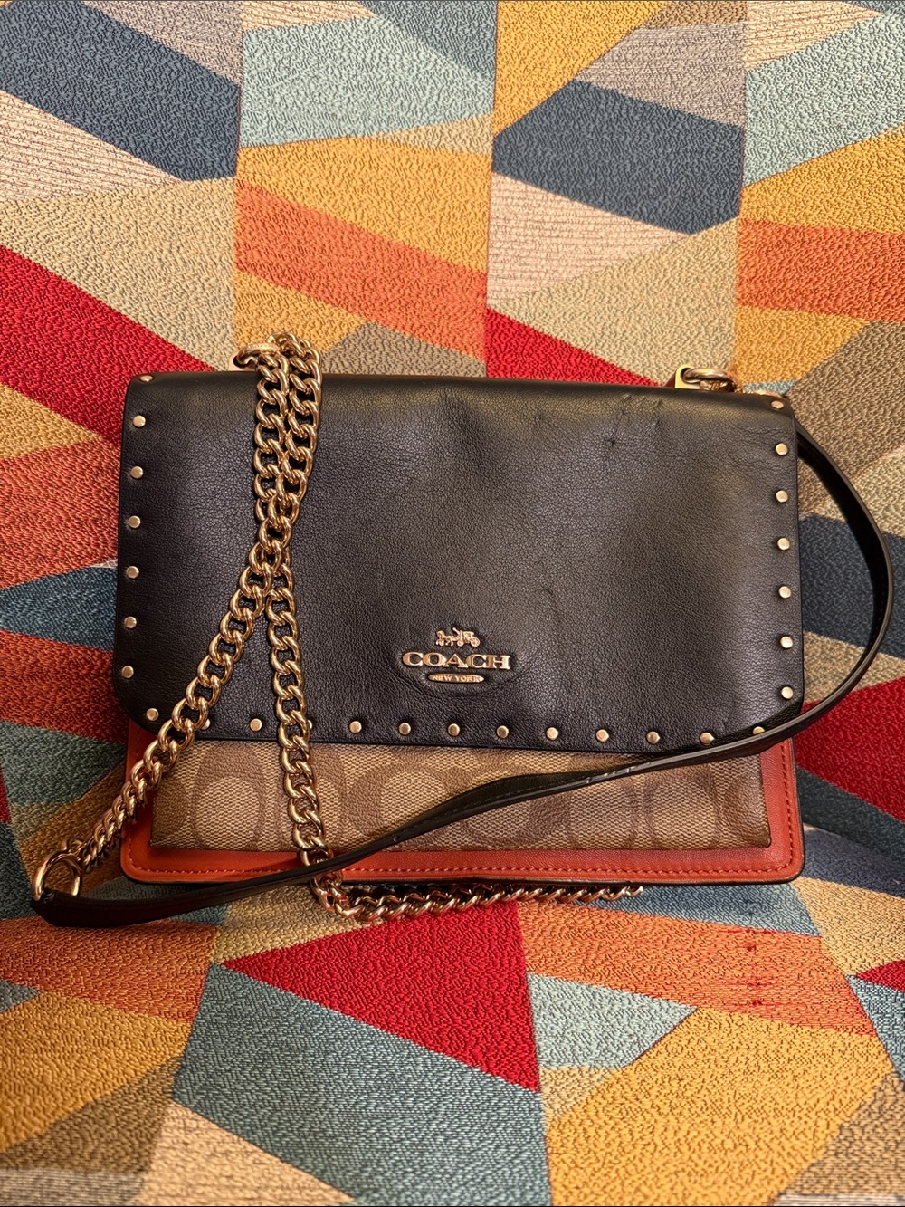 Coach Black Leather and Brown Signature Crossbody with Gold Chain